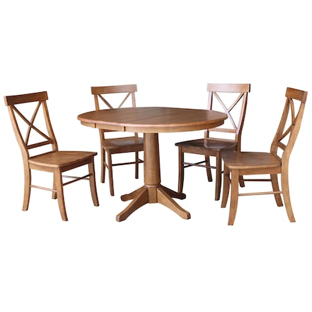 International Concepts Round 36 in Round Extension Dining Table with 4 Chairs, Distressed Oak, 36 in W, 48 in L, 30.1 in H K42-36RXT-27B-C613-4